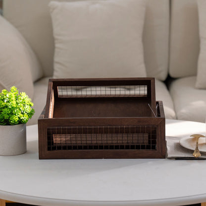 Wooden storage box with metal grid