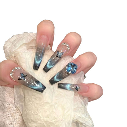 Artistic Ombre Press-On Nail Art Set with Butterfly and Gemstone Accents Acalora