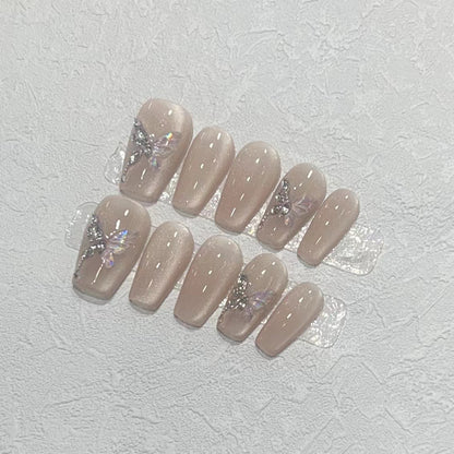 Stylish Press-On Nail Art Set with Elegant Butterfly and Gem Accents Acalora
