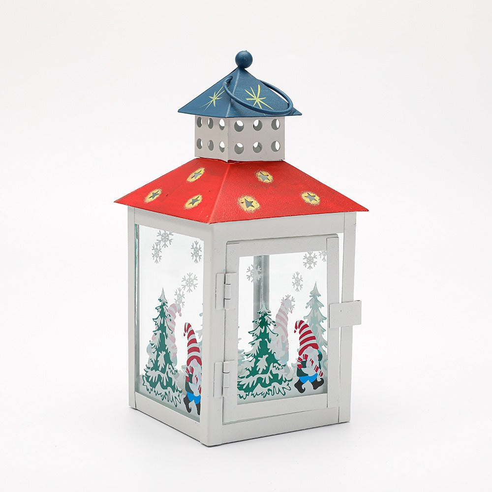 Decorative Holiday Gnome Lantern with Star-Cut Roof and Glass Panel Candle Holder Acalora