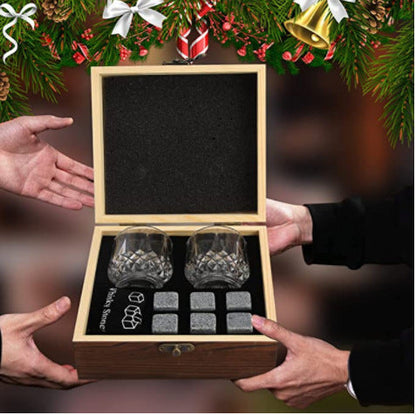 Cut crystal whiskey glasses gift set with reusable chilling stones and wooden presentation box Bowlift