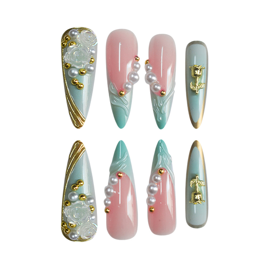 Luxurious Rhinestone and Floral Press-On Nail Art Acalora
