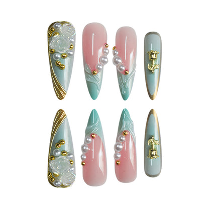 Luxurious Rhinestone and Floral Press-On Nail Art Acalora