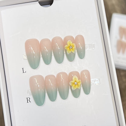 Elegant Ombre Press-On Nail Set with Floral Accents Acalora