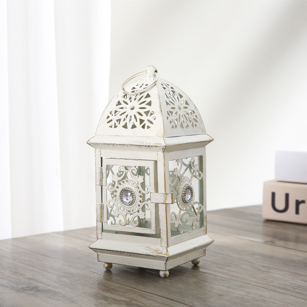 Antique-Style Decorative Metal Glass Candle Lantern with Filigree Cutouts and Hanging Ring Acalora