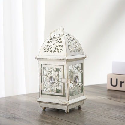 Antique-Style Decorative Metal Glass Candle Lantern with Filigree Cutouts and Hanging Ring Acalora