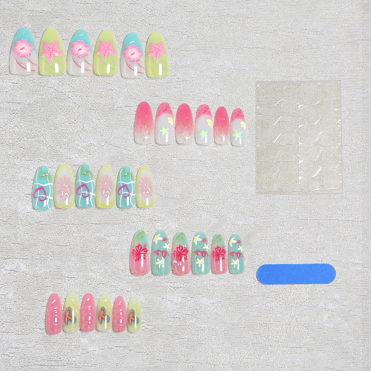Acrylic Nail Set with Colorful Flower and Beach Design Acalora