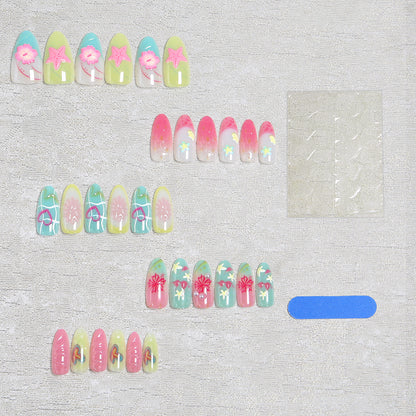 Acrylic Nail Set with Colorful Flower and Beach Design Acalora