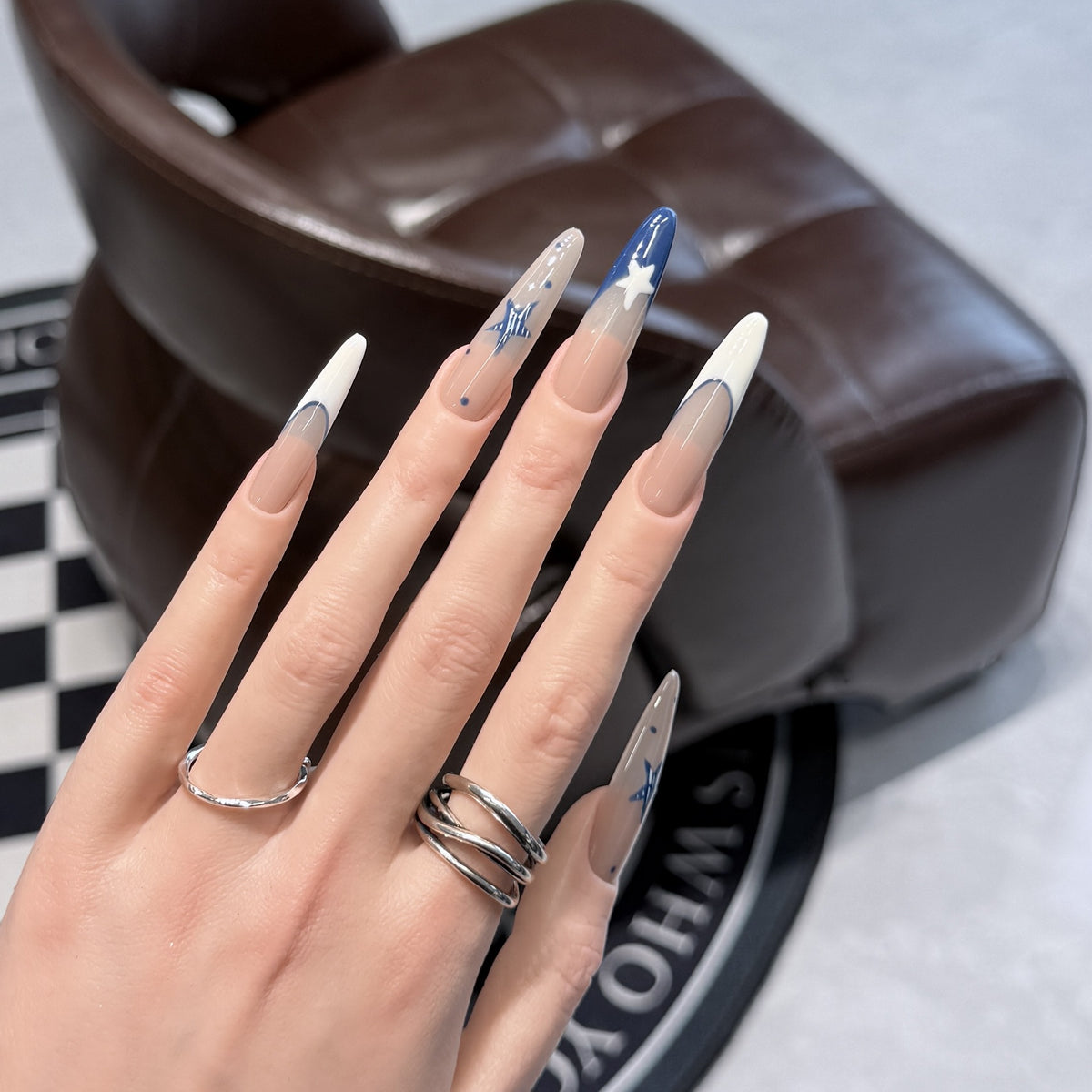 Artistic Stiletto Press-On Nail Set with Celestial Design Acalora
