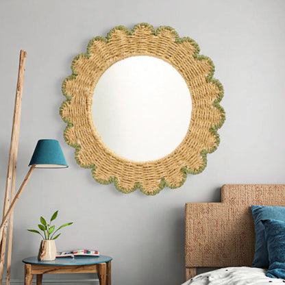 Decorative Round Wall Mirror with Natural Rattan Frame Acalora