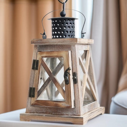 Vintage Farmhouse Glass-Panel Tapered Wooden Lantern with Perforated Metal Chimney Acalora
