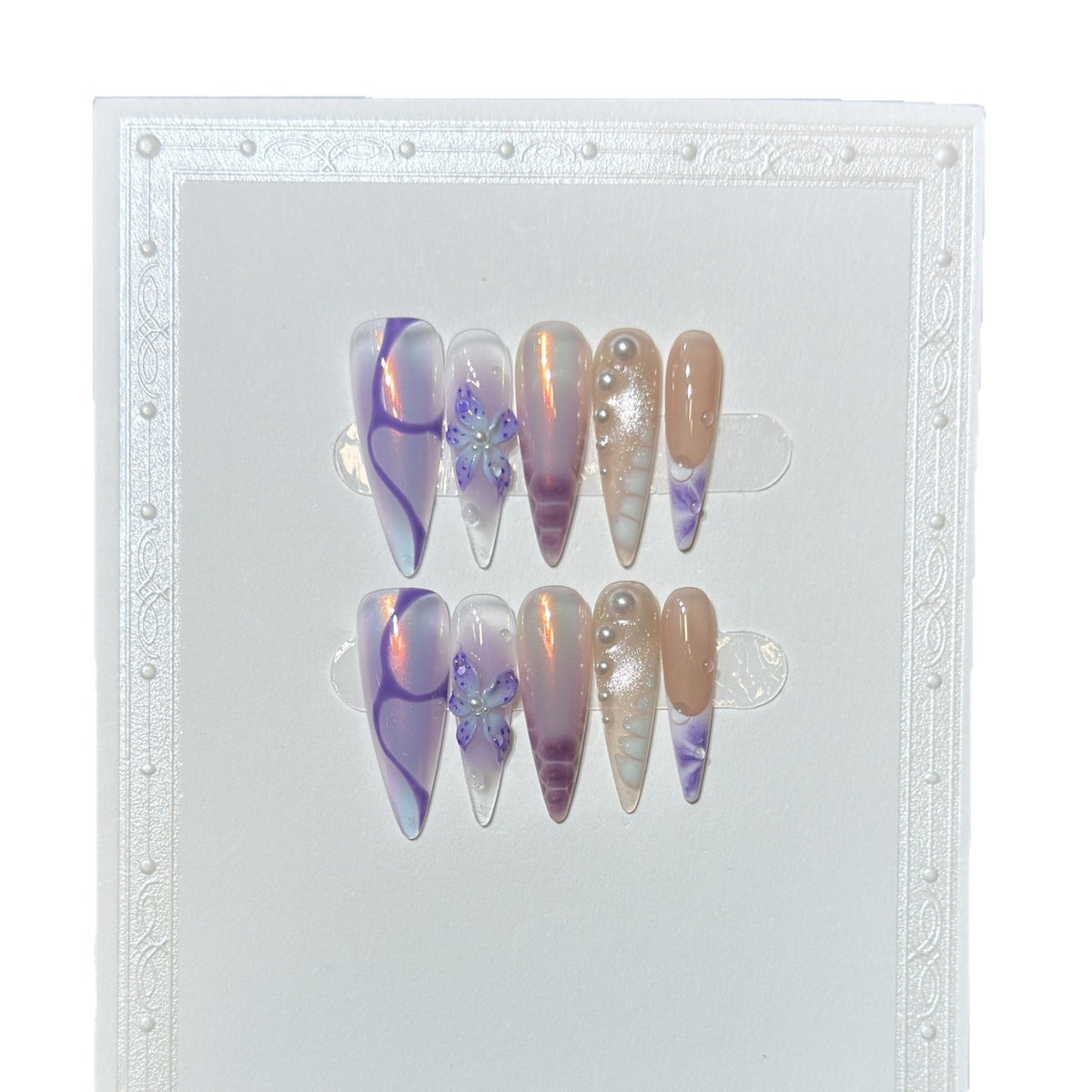 Artistic Stiletto Press-On Nail Design Set with Floral Elements Acalora