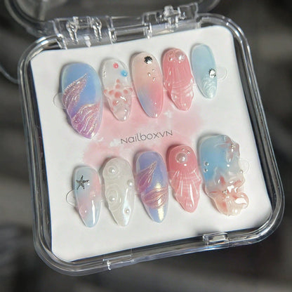 Artistic Nail Art Press-On Set with Oceanic-Inspired Designs Acalora