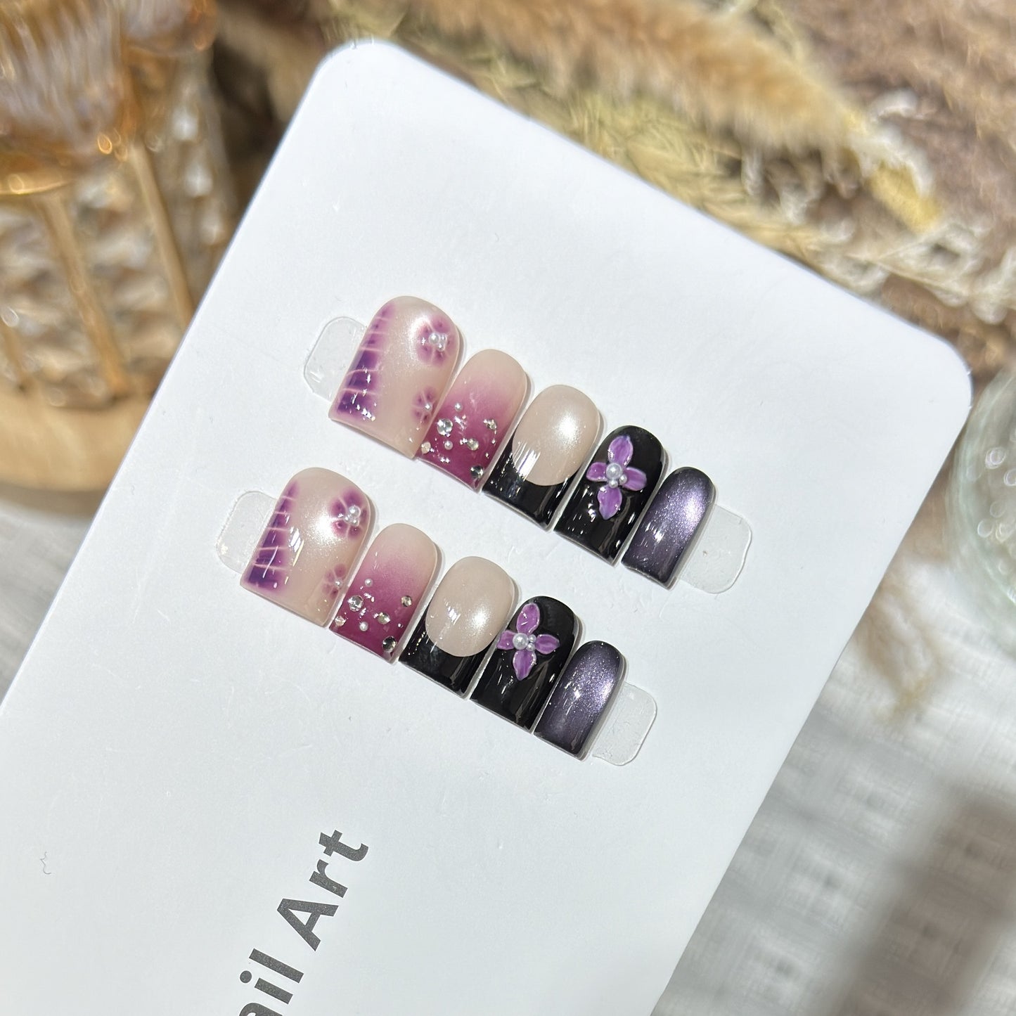Decorative Press-On Nail Art Set with Floral and Gem Accents Acalora