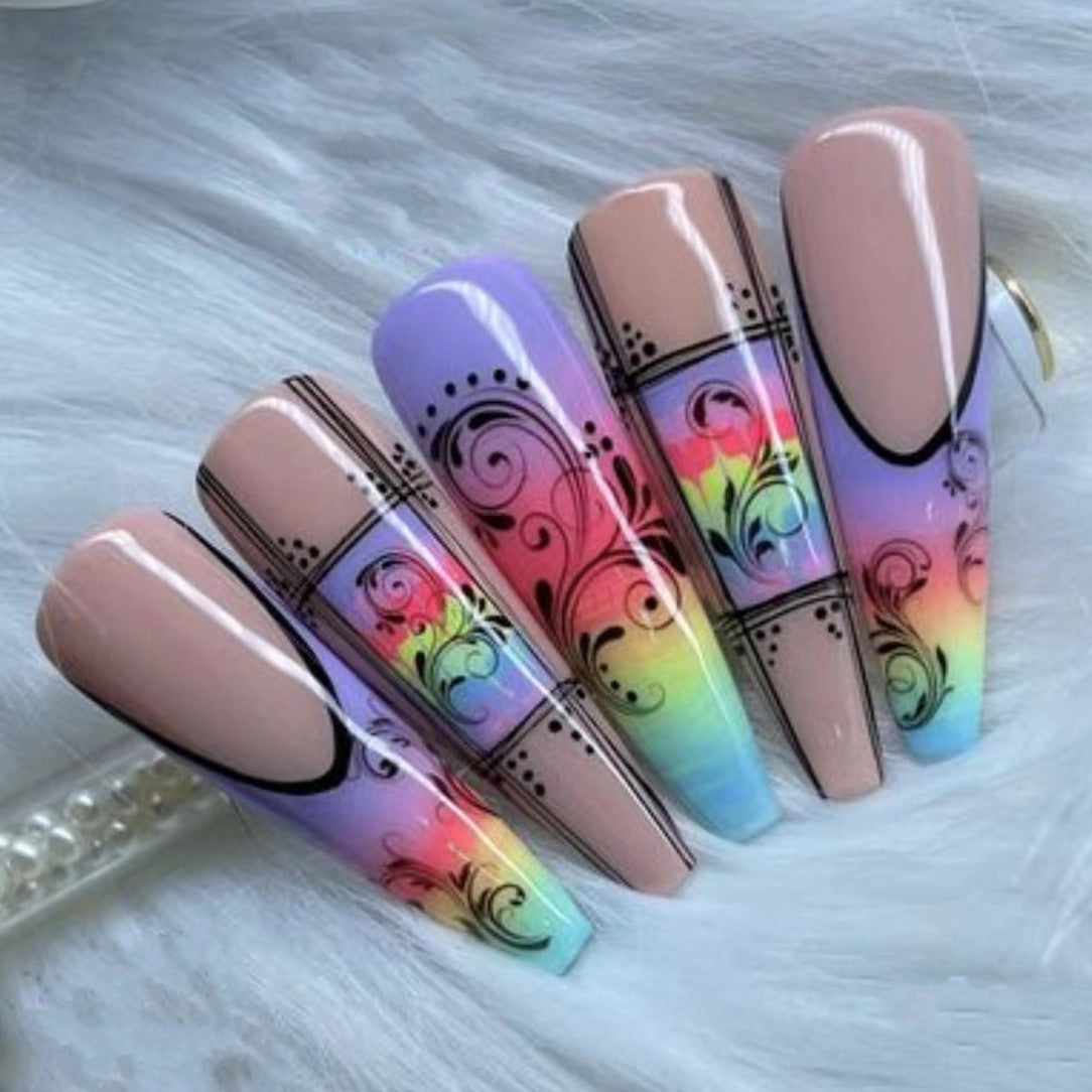 Fake nails with creative gradient colors and floral patterns Acalora