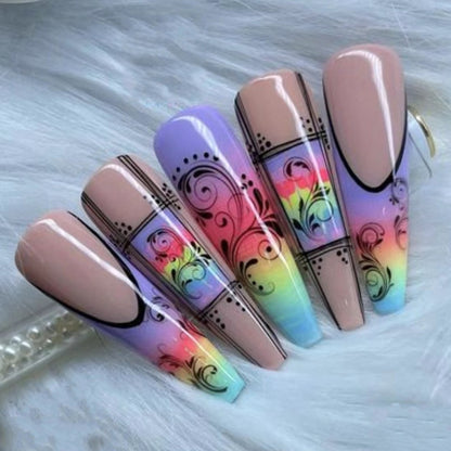 Fake nails with creative gradient colors and floral patterns Acalora