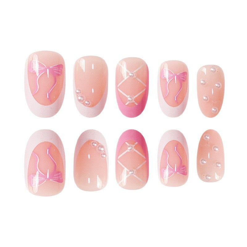 Elegant Decorative Press-On Nail Set with Bow and Pearl Accents Acalora