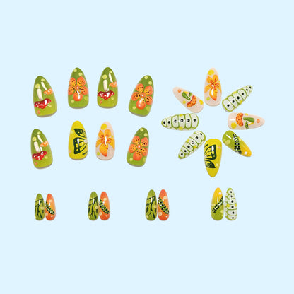 Artificial nails in forest style with floral and mushroom-shaped designs Acalora