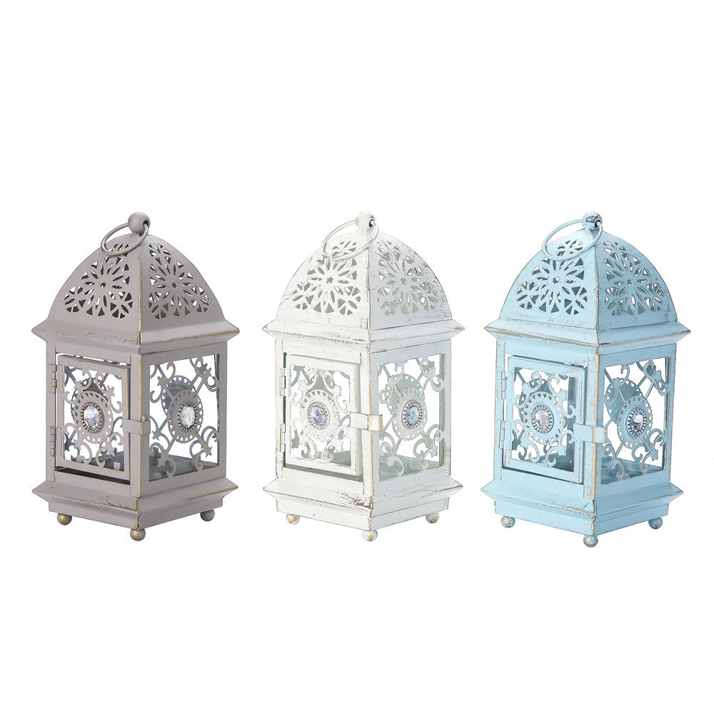Antique-Style Decorative Metal Glass Candle Lantern with Filigree Cutouts and Hanging Ring Acalora