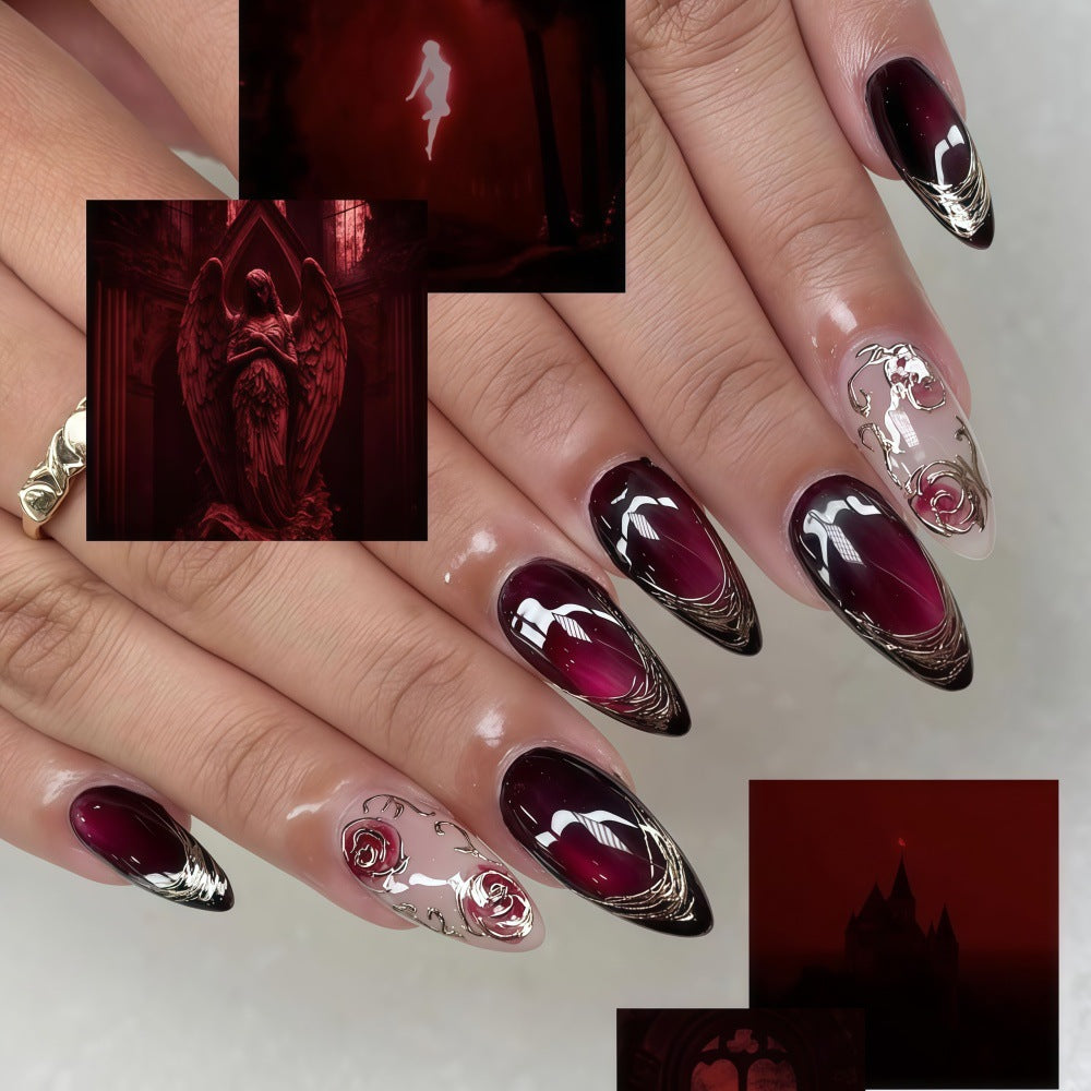 Artificial Nails Set with Elegant Ombre and Rose Designs Acalora