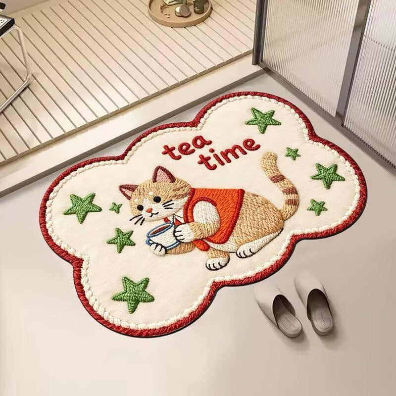 Embroidered Cat-Themed Bath Rug