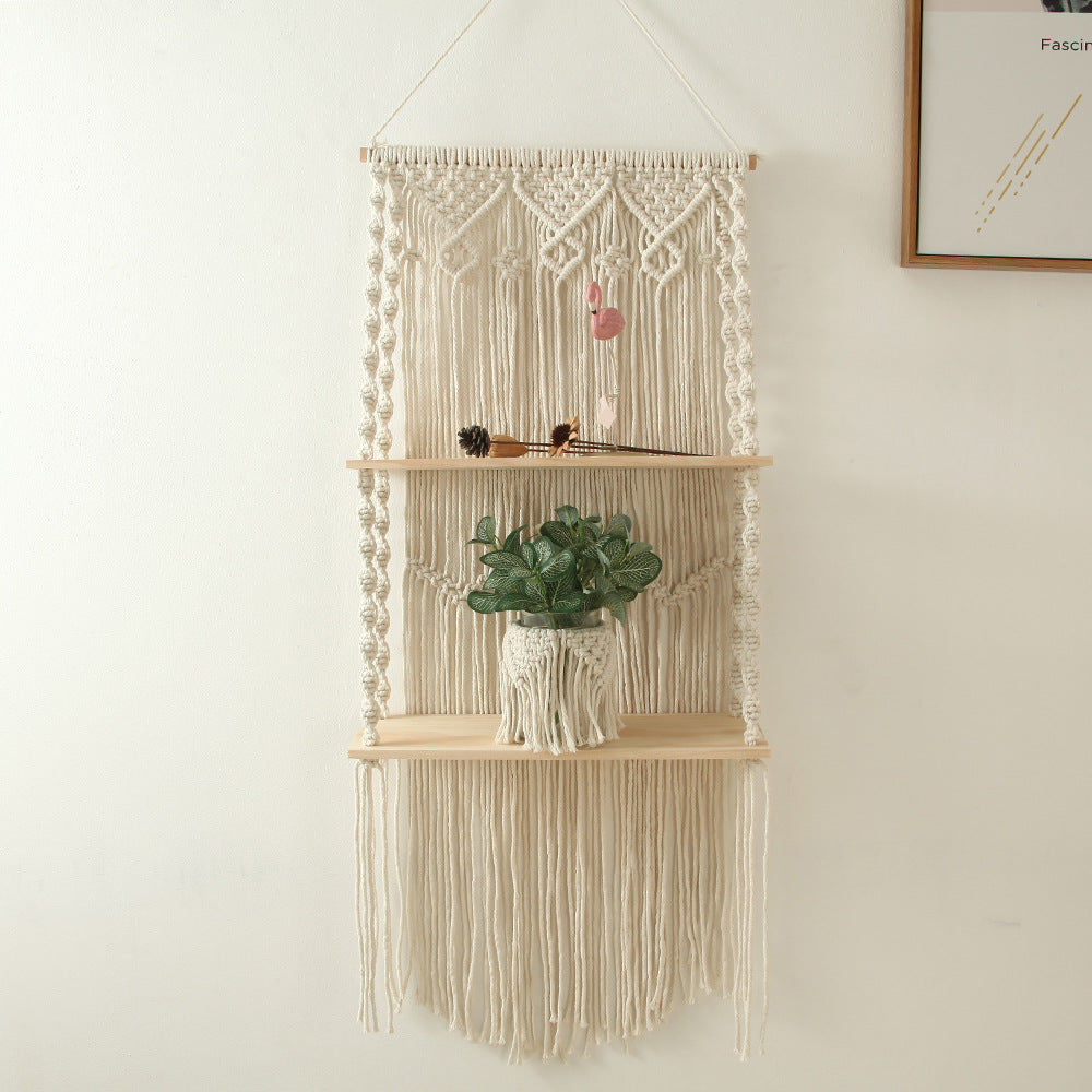 Macrame Wall Shelf with Natural Wooden Shelves Acalora