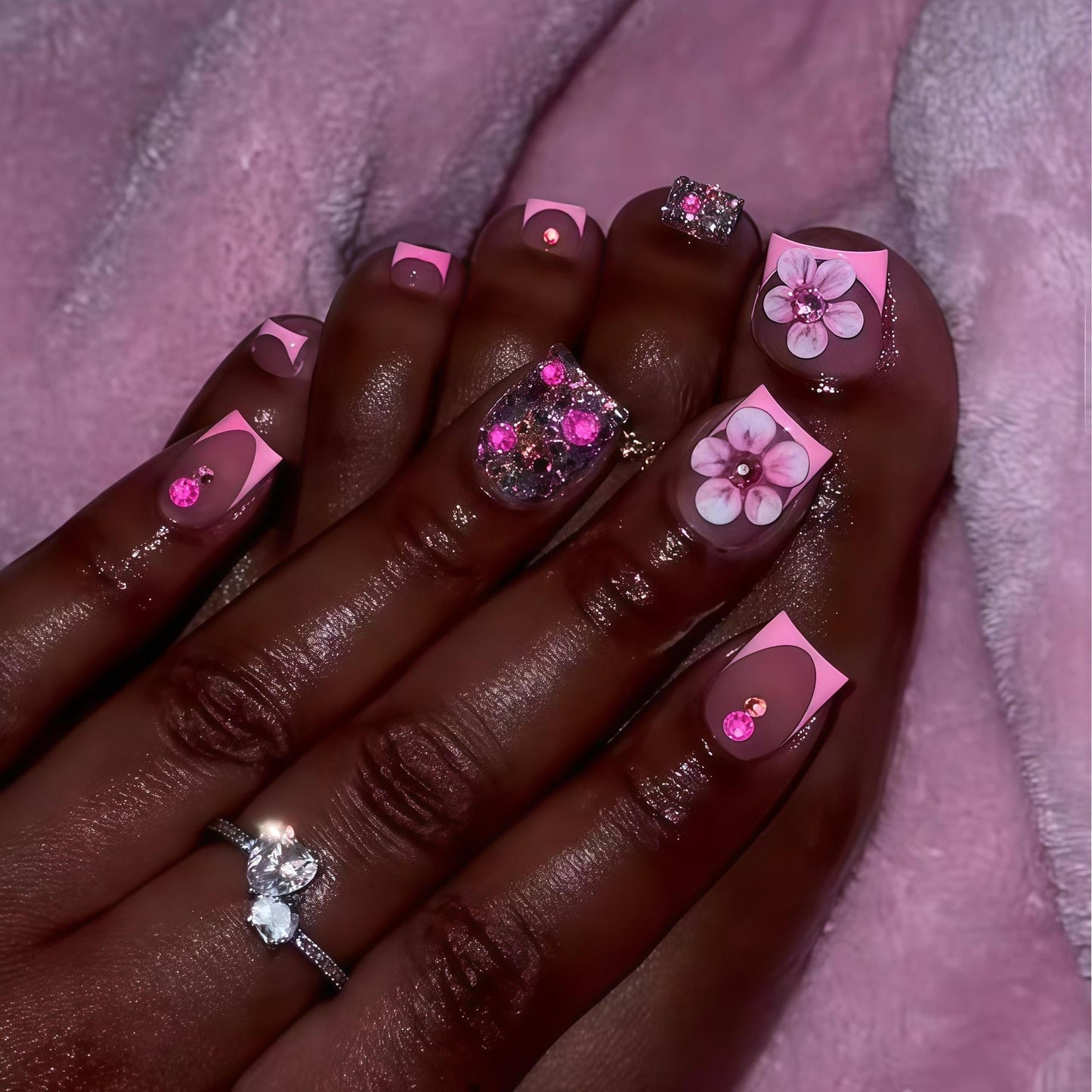 Floral Artistry Press-On Nails with Gemstone Accents Acalora
