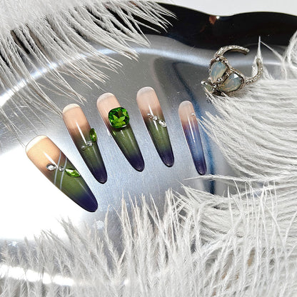Artificial nails with elegant ombre design and rhinestone applications Acalora