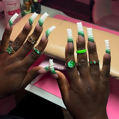 Artistic Long Press-On Nail Set with Unique Striped Design Acalora