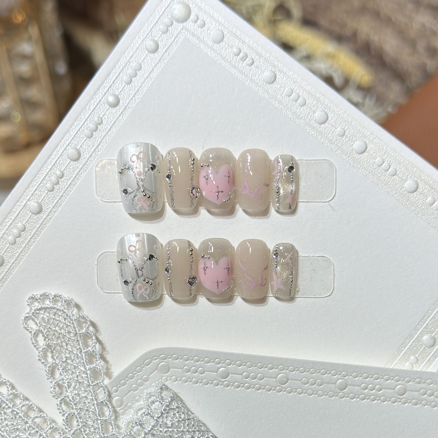 Decorative Press-On Nail Set with Heart and Silver Accents Acalora