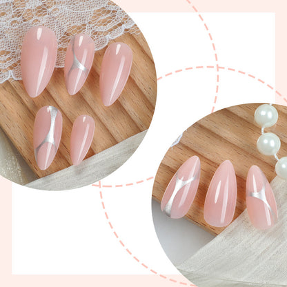 Elegant Press-On Nail Set with Artistic Silver Accents Acalora