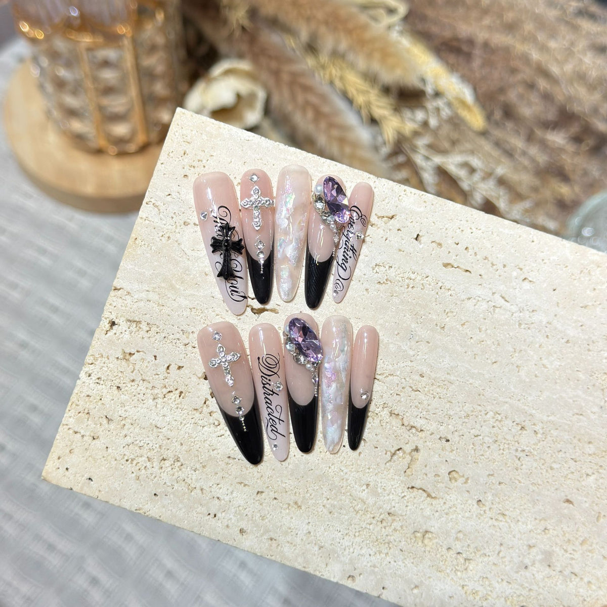 Artistic Stiletto Press-On Nail Art Set with Elegant Decorative Elements Acalora