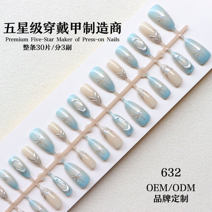 Artistic Press-On Nail Art Set with Silver Accents Acalora