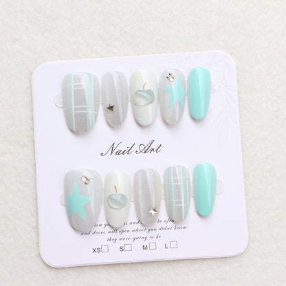 Artistic Press-On Nail Set with Star and Apple Designs Acalora