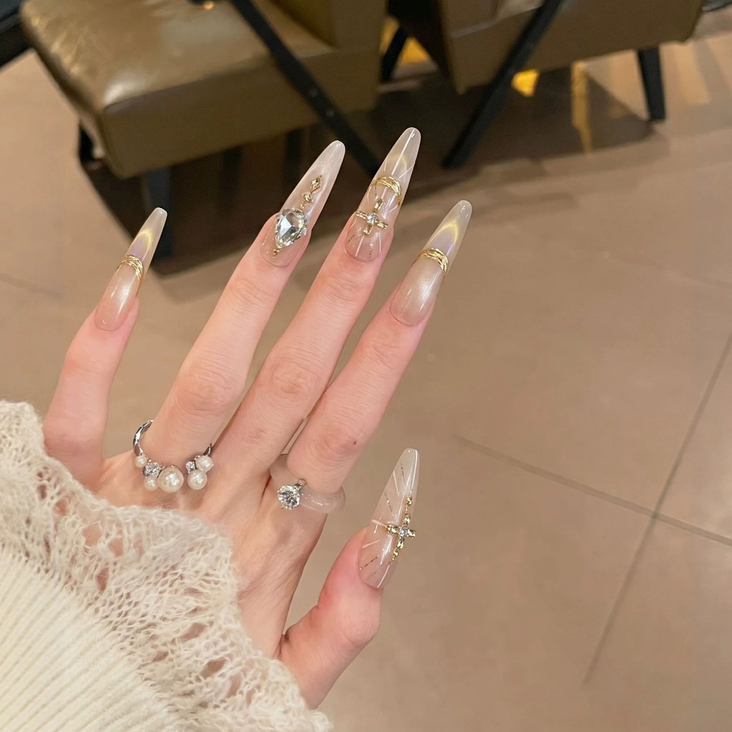 Premium Stiletto Press-On Nail Art Set with Gemstone Accents Acalora