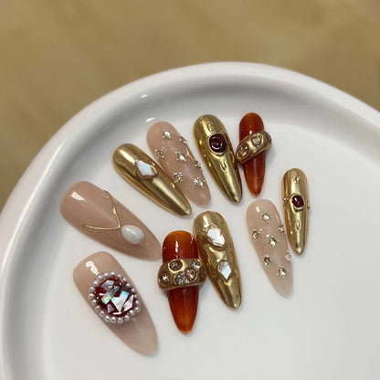 Artistic Press-On Nail Set with Luxury Gemstone Accents Acalora