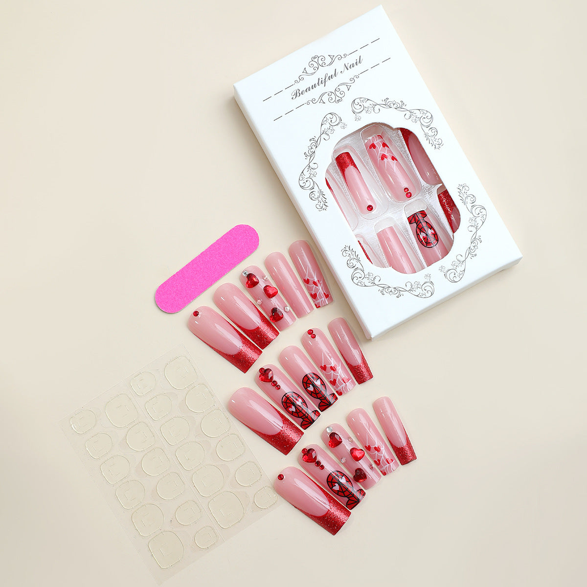 Luxury Press-On Nail Set with Glamorous Heart and Glitter Designs Acalora