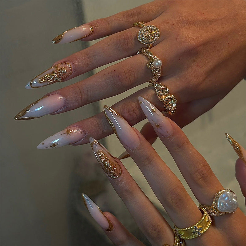 Elegant Press-On Nail Art Set with Gold Accents Acalora