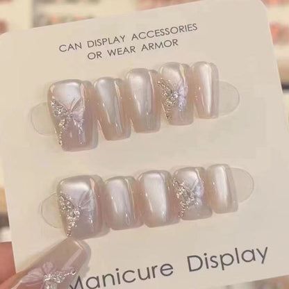 Stylish Press-On Nail Art Set with Elegant Butterfly and Gem Accents Acalora