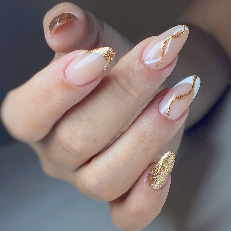 Elegant Press-On Nail Set with Glitter and Gold Swirl Accents Acalora