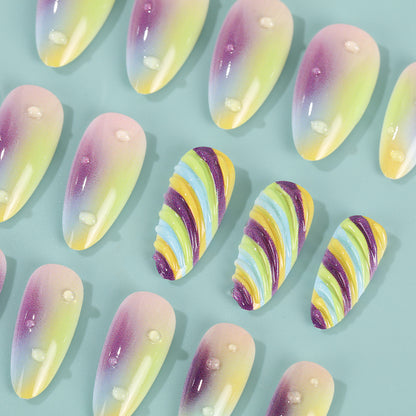 Artificial nails with soft ombre colors and creative patterns Acalora