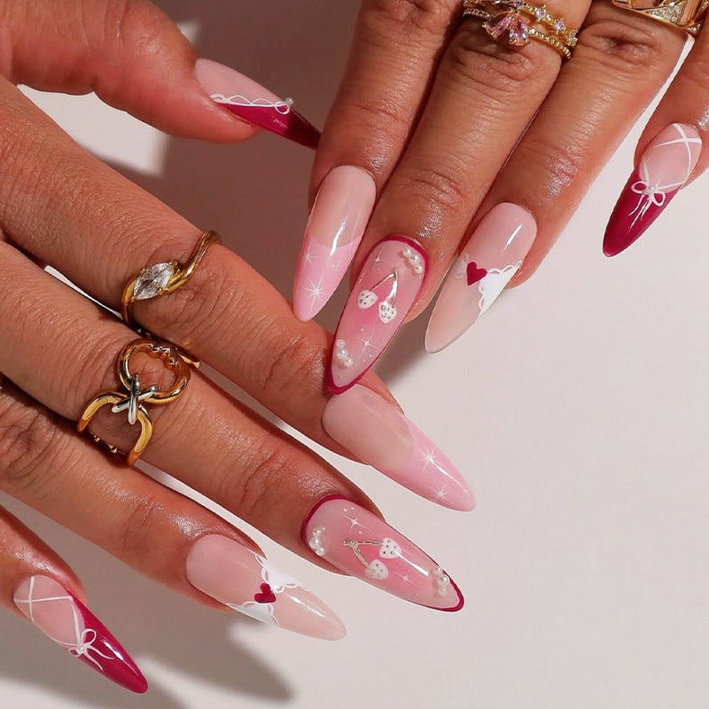 Decorative Press-On Nail Set with Heart and Ribbon Designs Acalora