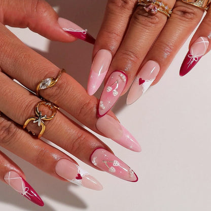 Decorative Press-On Nail Set with Heart and Ribbon Designs Acalora