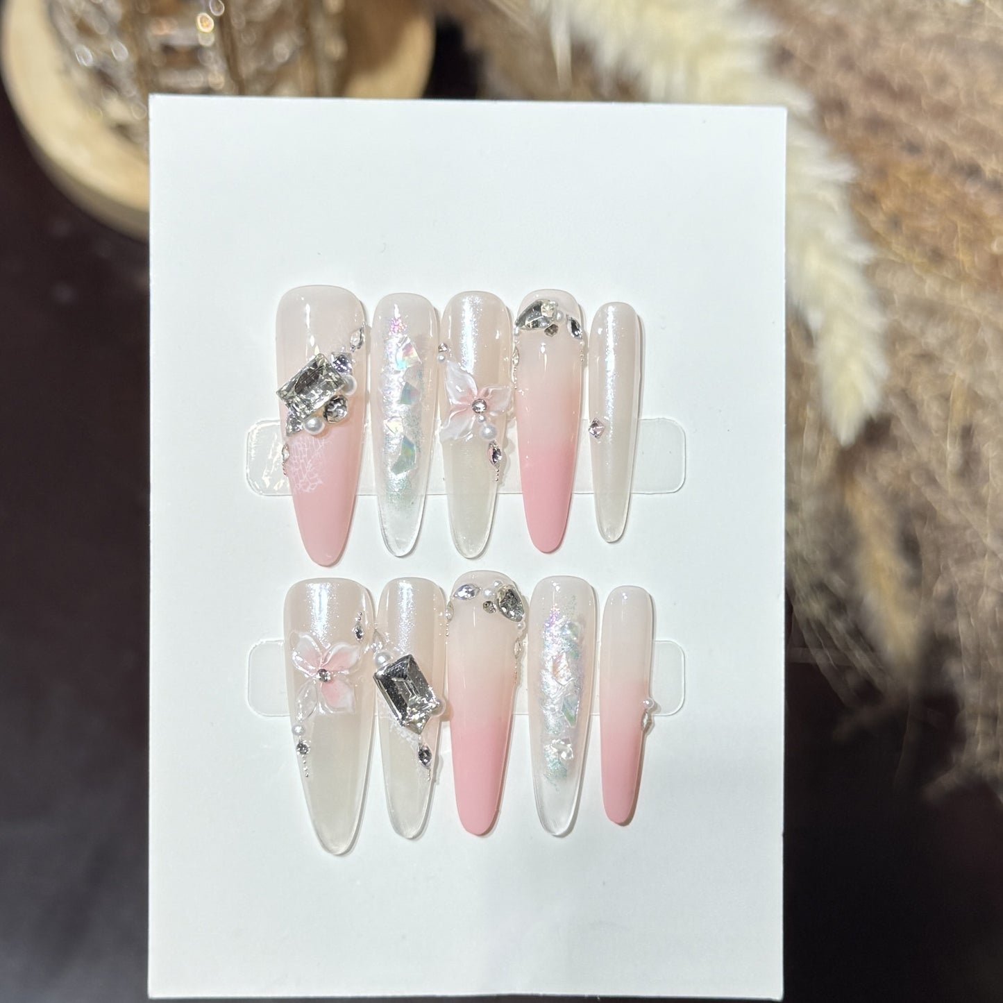 Elegant Stiletto Press-On Nail Art Set with Decorative Floral Accents Acalora