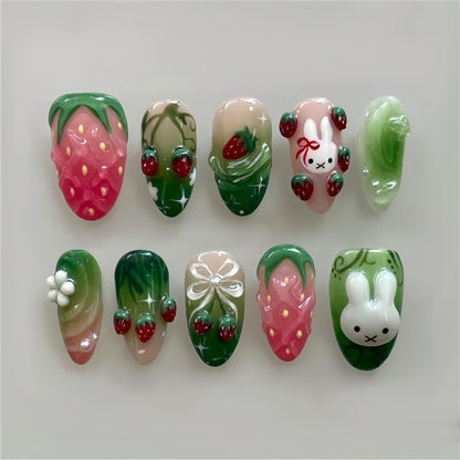 Playful Strawberry Design Press-On Nail Set Acalora