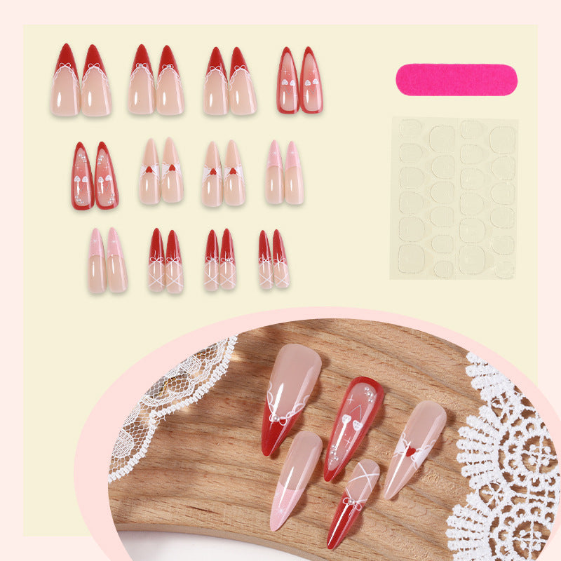 Decorative Press-On Nail Set with Heart and Ribbon Designs Acalora