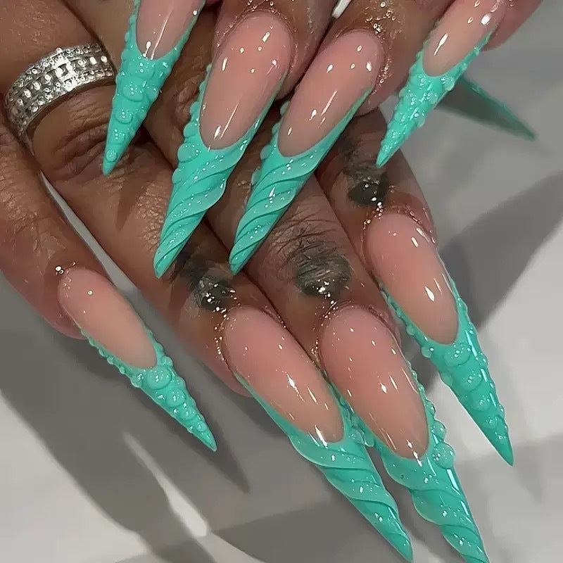 Artistic Stiletto Press-On Nail Design with 3D Shell Accents Acalora