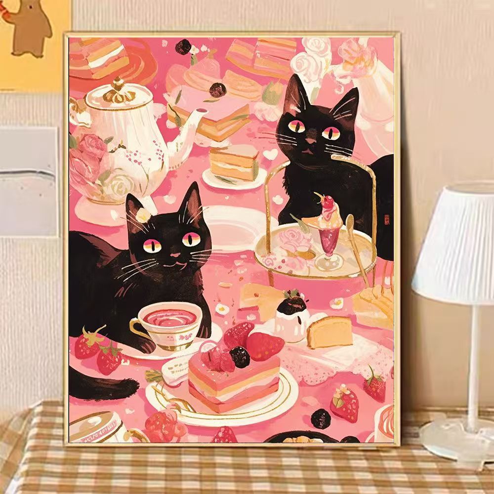 Whimsical Cat-Themed Afternoon Tea Canvas Art