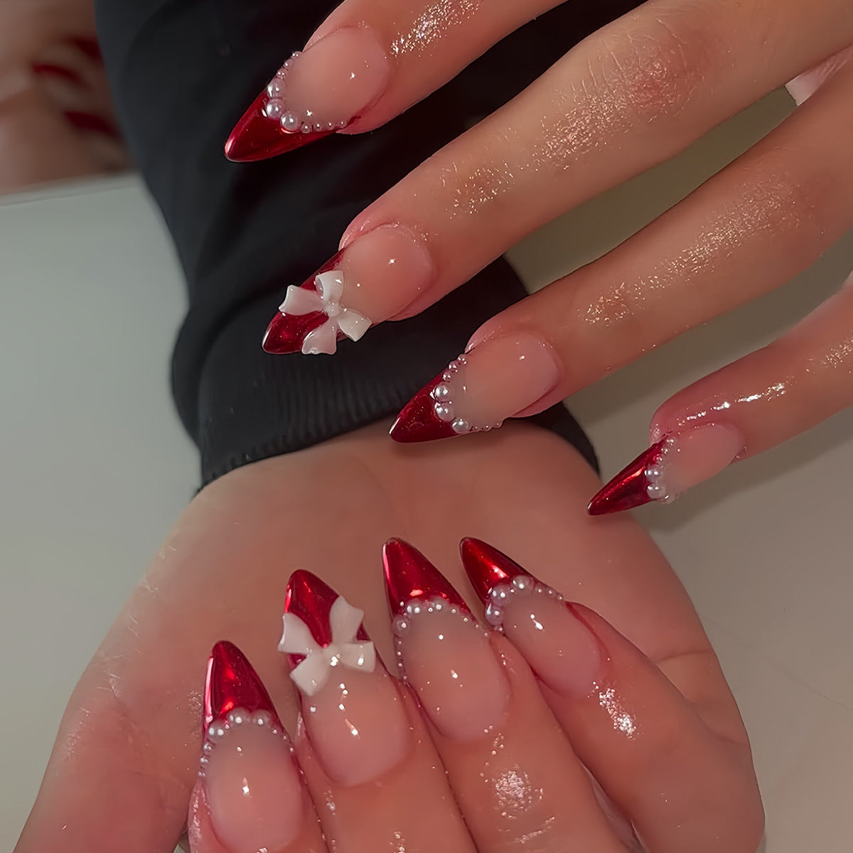 Decorative Stiletto Press-On Nails with Pearls and Bow Accents Acalora