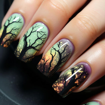 Artistic Ombre Tree-Themed Nail Art Acalora
